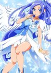  angel_wings aokura_shou blue_bow blue_eyes blue_hair blue_skirt boots bow bracelet choker crystal_earrings cure_diamond dokidoki!_precure earrings feathers hair_ornament highres hishikawa_rikka jewelry long_hair magical_girl ponytail precure skirt smile solo wings 