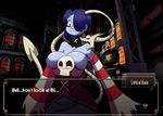  blacksen blue_hair blue_skin blush bone breasts cleavage dragon english_text female hair leviathan_(skullgirls) male red_eyes skullgirls squigly stitches text undead wide_hips zombie 