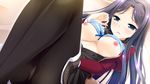  amatsuka_ryouka black_hair blue_eyes blush bra breasts ensemble_(company) game_cg kimishima_ao long_hair nipples open_shirt panties pantyhose sakura_mau_otome_no_rondo underwear 