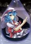  akisome_hatsuka arm_up ascot bat_wings blue_hair facing_away fang hand_on_own_chest hat hat_ribbon light_particles mob_cap open_hand parted_lips pointy_ears puffy_short_sleeves puffy_sleeves red_eyes remilia_scarlet ribbon ripples short_hair short_sleeves skirt skirt_set solo touhou two-tone_background water water_drop wings wrist_cuffs 