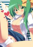  bad_id bad_pixiv_id blush bow bow_panties breasts cameltoe cleavage collarbone daiyousei fairy_wings green_eyes green_hair hair_bow heart large_breasts long_hair looking_at_viewer midriff no_bra oniku_(shimofuri-ke) open_clothes open_shirt panties puffy_sleeves shirt short_sleeves side_ponytail sitting skirt skirt_lift smile solo spread_legs striped striped_background touhou underwear very_long_hair white_panties wings 