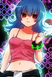  1girl bare_shoulders belt black_hair bracelet breasts collarbone flipped_hair floating glowing gym_leader hips jewelry lips looking_at_viewer midriff mound_of_venus natsume_(pokemon) navel nintendo poke_ball pokeball pokemon pokemon_(game) red_eyes serious short_hair small_breasts solo wristband 