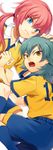  aqua_hair blue_eyes inazuma_eleven_(series) inazuma_eleven_go kariya_masaki kirino_ranmaru lightning_bolt long_hair looking_back male_focus multiple_boys open_mouth pink_hair raimon riho soccer_uniform sportswear twintails white_background yellow_eyes 