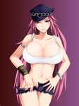  armlet bracelet breasts brown_eyes cleavage cutoffs final_fight hat huge_breasts jewelry large_breasts long_hair looking_at_viewer navel no_panties notta_(takeno) open_fly peaked_cap pink_hair poison_(final_fight) short_shorts shorts simple_background solo tank_top undressing unzipped wristband 