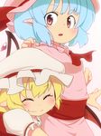  bad_id bad_pixiv_id bat_wings blonde_hair blue_hair closed_eyes dress flandre_scarlet hat hat_ribbon mantarou_(shiawase_no_aoi_tori) mob_cap multiple_girls open_mouth pink_dress pink_eyes pointy_ears puffy_sleeves red_dress remilia_scarlet ribbon sash shirt short_sleeves siblings simple_background sisters smile tackle touhou wavy_mouth white_background wings 