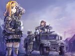  2girls blonde_hair body_armor brown_hair car cup fingerless_gloves gloves ground_vehicle gun hairband helmet holster humvee light_machine_gun load_bearing_vest m60 military military_vehicle motor_vehicle multiple_girls nyan_(themare) original plate_carrier short_hair skirt soldier steam tent thighhighs twintails weapon yawning 