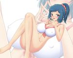  1girl bikini blue_eyes blue_hair bottomless breasts covered_nipples erect_nipples female gundam gundam_build_fighters iori_rinko milf no_panties ponytail short_hair solo swimsuit teya_(oppai_guild_boshuuchuu) 