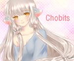  1girl 2013 bad_id bad_pixiv_id brown_eyes chii chobits copyright_name dated empty_eyes long_hair off_shoulder pink_background polka_dot polka_dot_background robot_ears signature silver_hair solo yellow_eyes 