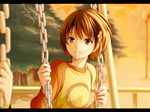  bad_id bad_pixiv_id bangs black_border border brown_eyes brown_hair chain chie_(lcddem) circle ears flower frame hair_ornament hairclip lcddem letterboxed looking_at_another olmatown short_hair smile swing teeth tree 