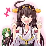  ^_^ ahoge bare_shoulders blush brown_hair closed_eyes commentary crescent double_v green_eyes green_hair hairband ichimi jitome kantai_collection kongou_(kantai_collection) long_hair multiple_girls nagatsuki_(kantai_collection) neckerchief nontraditional_miko open_mouth school_uniform serafuku smile triangle_mouth upper_body v white_neckwear 