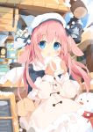  1girl :o animal_ears bag bangs beret black_capelet blue_eyes blue_sky blush brown_mittens bunny_ears capelet cloud cloudy_sky coat commentary_request cup day ears_down eyebrows_visible_through_hair floppy_ears fur-trimmed_capelet fur-trimmed_coat fur-trimmed_sleeves fur_trim hair_between_eyes hands_up hat highres holding holding_cup kushida_you lantern long_hair looking_at_viewer mittens mug open_mouth original outdoors pink_hair red_scarf scarf shoulder_bag sky snow snowman solo teacup very_long_hair white_coat white_hat 