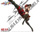  1girl alisa_ilinichina_amiella arm_up armpits blue_eyes boots breasts brown_hair cabbie_hat character_name crop_top elbow_gloves fingerless_gloves full_body gloves god_eater gun hair_between_eyes hat legs long_hair looking_at_viewer midriff navel official_art pantyhose parted_lips plaid plaid_skirt project_x_zone skirt solo suspenders thigh_boots thighhighs underboob weapon 