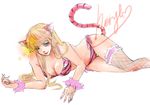  animal_ears animal_print aqua_eyes bad_id bad_pixiv_id bikini blonde_hair breasts cleavage fishnets highres large_breasts lips macross macross_frontier sheryl_nome side-tie_bottom solo swimsuit tail tiger_ears tiger_print tiger_tail yuiko09 