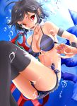  air_bubble asymmetrical_wings bikini black_hair breasts breath bubble bubble_blowing freediving gishu holding_breath houjuu_nue large_breasts nail_polish pointy_ears red_eyes short_hair solo striped striped_bikini swimsuit thighhighs touhou underwater wings 