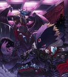  bad_id bad_pixiv_id battle beelzebumon belt blonde_hair blood buckle centauroid claws clenched_teeth crack crystal damaged demon_wings digimon extra_mouth forked_tongue fur_coat gauntlets grandracmon grin hair_tubes highres horns injury kazkazkaz long_hair mask monster no_humans red_eyes sharp_teeth short_hair smile spikes tail teeth third_eye tongue torn_clothes wings 