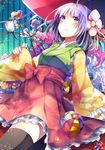  ball bird black_legwear blush floral_background flower hair_flower hair_ornament hieda_no_akyuu japanese_clothes kimono obi petals purple_eyes purple_hair saden_(magumo) sash short_hair smile solo temari_ball thighhighs touhou 