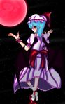  akiamare bad_id bad_pixiv_id bat_wings blue_hair bow from_behind hat hat_bow highres moon red_eyes red_moon remilia_scarlet solo touhou wings wrist_cuffs 
