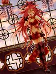  alternate_costume apple bad_id bad_pixiv_id black_legwear blush breasts china_dress chinese_clothes cleavage cleavage_cutout dress earrings eating food fruit hand_on_hip highres jewelry long_hair looking_at_viewer mahou_shoujo_madoka_magica navel navel_cutout ponytail red_hair sakura_kyouko small_breasts solo thighhighs very_long_hair yellow_eyes yutsumoe zettai_ryouiki 