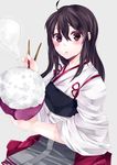  akagi_(kantai_collection) bad_id bad_pixiv_id blush bowl brown_eyes brown_hair chopsticks eating food food_on_face highres japanese_clothes kantai_collection long_hair muneate rice rice_bowl rice_on_face rukito skirt solo tasuki 