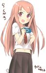  blush commentary handheld_game_console highres long_hair midriff navel necktie open_mouth original playstation_portable simple_background smile solo tazaki_hayato translated white_background 