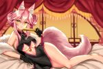  1girl absurdres alternate_hairstyle animal_ear_fluff animal_ears black_gloves breasts china_dress chinese_clothes dress fan fate/grand_order fate_(series) fox_ears fox_girl fox_tail gloves highres indoors koyanskaya large_breasts long_hair looking_at_viewer lying on_side pink_hair smile solo tail tamamo_(fate)_(all) underboob yellow_eyes 