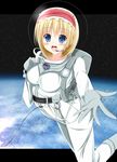  akiamare alice_margatroid bad_id bad_pixiv_id blonde_hair blue_eyes highres outstretched_hand short_hair solo space spacesuit touhou 