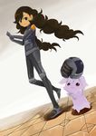  adashino_(kuusou_missile) blue_eyes braid brown_hair dark_skin esprit_(pokemon) espurr gen_6_pokemon highres long_hair matiere_(pokemon) pokemon pokemon_(creature) pokemon_(game) pokemon_xy power_suit smile spoilers twin_braids 