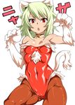  animal_ears arcana_heart arcana_heart_3 bad_id bad_pixiv_id bell cameltoe cat_ears green_hair kittysuit leotard orochi_itto pantyhose paws red_eyes red_leotard short_hair solo tail weiss 