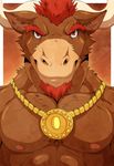  abs aluminemsiren aluminum amulet anthro beard biceps bovine brown_eyes brown_fur bust cattle chest facial_hair fur goatee grin hair horn looking_at_viewer male mammal minotaur muscles necklace nipples pecs pose red_eyes red_hair smile solo standing tauros_(character) toned topless 