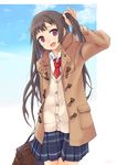  adjusting_hair bag brown_hair cardigan coat head_tilt highres long_hair necktie okiru original plaid plaid_skirt purple_eyes school_uniform skirt smile solo 