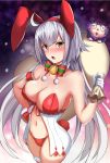  1girl :o abi_(abimel10) ahoge alternate_costume animal_ears arm_strap bare_shoulders bikini blush breasts christmas collarbone commentary_request fake_animal_ears fate/grand_order fate_(series) from_above frown fur_trim gift_bag grey_hair hat highres jeanne_d'arc_alter_(avenger)_(fate) jeanne_d'arc_alter_(fate) large_breasts long_hair looking_at_viewer midriff navel open_mouth partial_commentary rabbit_ears red_bikini red_legwear santa_bikini santa_costume standing stomach swimsuit thighhighs thighs v-shaped_eyebrows very_long_hair yellow_eyes 
