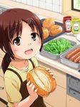  :d apron beidan blush bottle brand_name_imitation bread brotchen brown_eyes brown_hair food hair_ornament hairclip hot_dog ketchup kitchen lettuce long_hair mustard open_mouth original ponytail sexually_suggestive smile solo 
