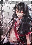  bandages black_hair choker covered_mouth dress_shirt indoors jacket long_hair looking_at_viewer necktie open_clothes open_jacket orange_eyes original prussia_echo red_neckwear school_uniform shirt short_sleeves solo white_shirt window 