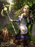  baby blonde_hair circlet fairy green_eyes leaf legend_of_the_cryptids long_hair official_art shadowgrave skirt solo_focus staff torn_clothes tree 