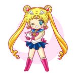  back_bow bishoujo_senshi_sailor_moon blonde_hair blue_eyes blue_sailor_collar blue_skirt boots bow brooch choker double_bun earrings elbow_gloves full_body gloves hair_ornament hairpin jewelry knee_boots long_hair magical_girl official_style one_eye_closed pluco red_bow red_choker ribbon sailor_collar sailor_moon sailor_senshi_uniform skirt solo tiara tsuki_ni_kawatte_oshioki_yo tsukino_usagi twintails white_gloves 