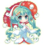  ahoge blush chibi double_bun green_eyes green_hair hair_ornament hatsune_miku hood inugahora_an japanese_clothes kimono long_hair lowres oriental_umbrella smile snow_bunny snowflakes solo twintails uchikake umbrella very_long_hair vocaloid yuki_miku 