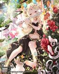  anklet bare_shoulders barefoot bell bird blonde_hair bug bunny butterfly closed_eyes flower flute hair_flower hair_ornament insect instrument jewelry jingle_bell long_hair mia0309 music nature navel playing_instrument rose sitting skirt solo tenkuu_no_crystalia twintails 