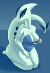 5_toes anthro anthrofied barefoot big big_breasts big_butt blue_background breasts brown_eyes butt clothed clothing female half-dressed happy legendary_pok&#233;mon legendary_pokemon looking_at_viewer lugia nintendo nipples pienji plain_background pok&#233;mon pok&#233;morph pok&eacute;mon shadow shiny sitting smile teasing toes undressing video_games white_eyes wide_hips 