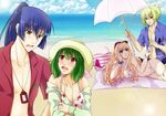  2girls bag beach bikini blonde_hair blue_eyes blue_hair blush brera_sterne day dog_tags eyewear_on_head fang green_hair hair_ribbon hat indian_style jacket macross macross_frontier mizusawa_nagi multiple_boys multiple_girls ocean open_mouth outdoors ponytail ranka_lee red_eyes ribbon saotome_alto sheryl_nome short_hair sitting sunglasses swimsuit umbrella water white_bikini 