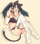  animal_ears bell bell_collar black_hair boots bra breasts cat_ears cat_tail cleavage collar detached_sleeves diagonal_stripes e20 fake_animal_ears fang green_eyes hair_ribbon hairband isuzu_(kantai_collection) jingle_bell kantai_collection knee_boots large_breasts open_mouth panties paw_pose ribbon solo striped striped_background sweat tail thighhighs twintails underwear underwear_only wavy_mouth white_legwear 
