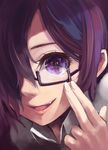  brown_eyes brown_hair close-up face fang glasses grin hair_over_one_eye original smile solo window1228 