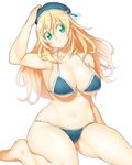  alternate_costume atago_(kantai_collection) bikini blonde_hair blush breasts cleavage green_eyes hat kantai_collection large_breasts long_hair looking_at_viewer navel onsoku_maru simple_background smile solo swimsuit white_background 