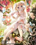  anklet bare_shoulders barefoot bell bird blonde_hair blue_eyes bunny flower flute hair_flower hair_ornament instrument jewelry jingle_bell long_hair looking_at_viewer mia0309 music nature navel playing_instrument rose sitting skirt solo tenkuu_no_crystalia twintails 