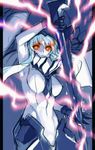  bodysuit breasts electricity glowing glowing_eyes highres kantai_collection large_breasts long_hair red_eyes shinkaisei-kan solo sword tetsu_(kimuchi) weapon white_hair wo-class_aircraft_carrier 