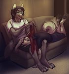  annoyed beard black_hair canine clothing couple duo facial_hair female hair koul male mammal multiple_tails pants red_hair shirt sitting slice_of_life smile sofa tired wolf 