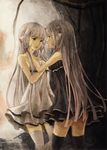  bare_shoulders black_legwear brown_eyes chii chobits dress freya_(chobits) grey hair_tubes highres long_hair multiple_girls reiashford robot_ears short_dress siblings silver_hair sisters strapless strapless_dress thighhighs twins white_legwear zettai_ryouiki 