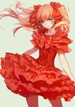  ask_(askzy) blue_eyes breasts brown_hair dress frilled_skirt frills hair_ribbon long_hair looking_at_viewer neon_genesis_evangelion pantyhose red red_dress red_ribbon ribbon simple_background skirt small_breasts smile solo souryuu_asuka_langley twintails 