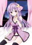  babydoll bare_arms bare_shoulders black_legwear blush breasts cleavage collarbone crescent crescent_hair_ornament curtains hair_ornament hair_ribbon hand_on_own_chest long_hair looking_at_viewer medium_breasts midriff navel night panties patchouli_knowledge purin_jiisan purple_hair purple_panties ribbon sitting sky solo star_(sky) starry_sky striped tears thighhighs touhou tress_ribbon underwear vertical-striped_panties vertical_stripes very_long_hair window 