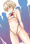  areolae arms_behind_back ass_visible_through_thighs bikini blonde_hair blush breasts covered_nipples crowd detached_collar fran_francois_francesca_de_bourgogne god_eater god_eater_2:_rage_burst green_eyes highleg highleg_bikini looking_at_viewer micro_bikini nonoririn partially_visible_vulva pussy_peek short_hair small_breasts solo sweat swimsuit 