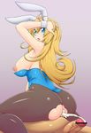  1girl adjusting_hair after_sex after_vaginal animal_ears antenna_hair ass bar_censor blonde_hair blue_eyes breasts bunny_ears bunnysuit censored cowgirl_position cum cum_in_pussy dragon_quest dragon_quest_iii fake_animal_ears hetero jester_(dq3) large_breasts looking_back nipples open_mouth pantyhose penis pointless_censoring short_hair solo_focus straddling torn_clothes torn_legwear wavy_hair wrist_cuffs zin_(goraku_hiroba) 